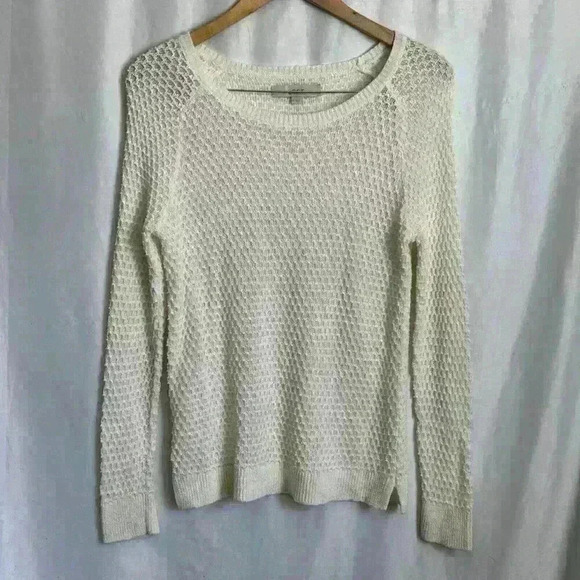 Ann Taylor Loft Womens Sweater Linen Blend Crew neck Scalloped Cream Medium - Picture 1 of 6